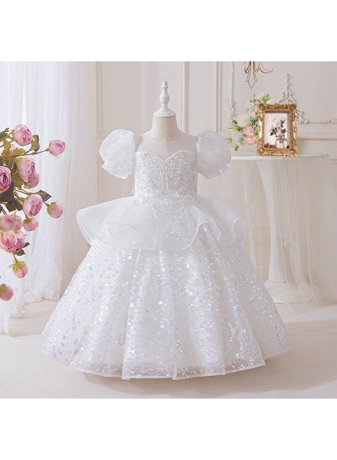 Luobobeibei Girls' Princess Dress Summer Formal Puffy Skirt Children's White Tulle Dress Stage Performance Costume White 140 - Image 2