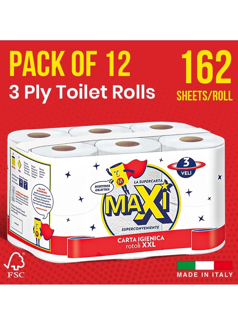 Maxi Supercarta Toilet Paper Tissue Roll 3 Ply 1944 Sheets Pack of 12 Rolls - 162 High Absorbent Sheets Per Roll with Premium Softness, Smooth Texture, and Special Embossing - Image 2