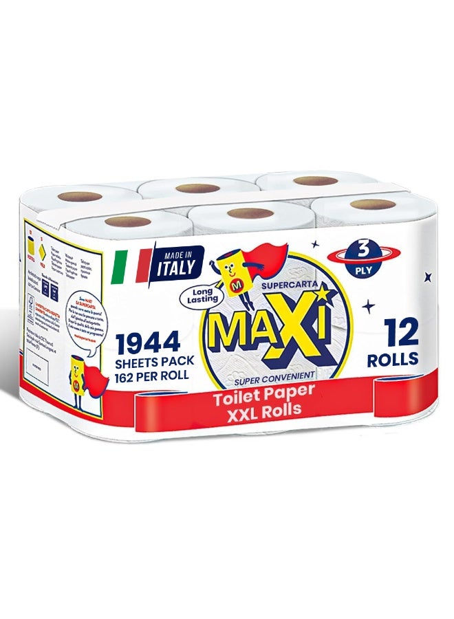 Maxi Supercarta Toilet Paper Tissue Roll 3 Ply 1944 Sheets Pack of 12 Rolls - 162 High Absorbent Sheets Per Roll with Premium Softness, Smooth Texture, and Special Embossing - Image 1