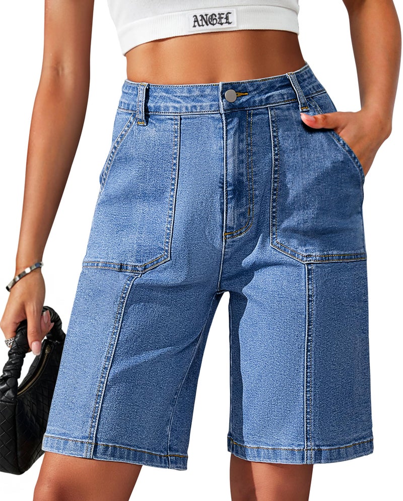 Eddoyee Bermuda Shorts for Women Long Knee Length Jean Shorts Denim Stretchy Cotton Jorts with Pockets Casual Relaxed Fit(Blue Denim, Large) - Image 1