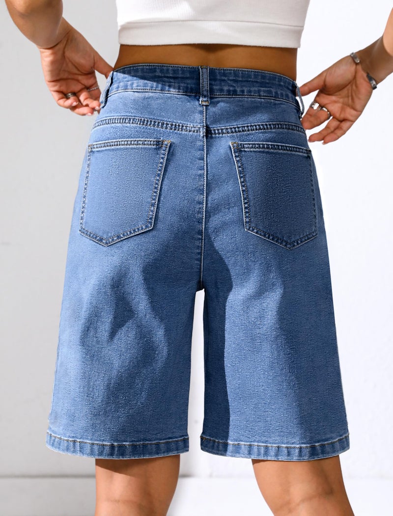 Eddoyee Bermuda Shorts for Women Long Knee Length Jean Shorts Denim Stretchy Cotton Jorts with Pockets Casual Relaxed Fit(Blue Denim, Large) - Image 2