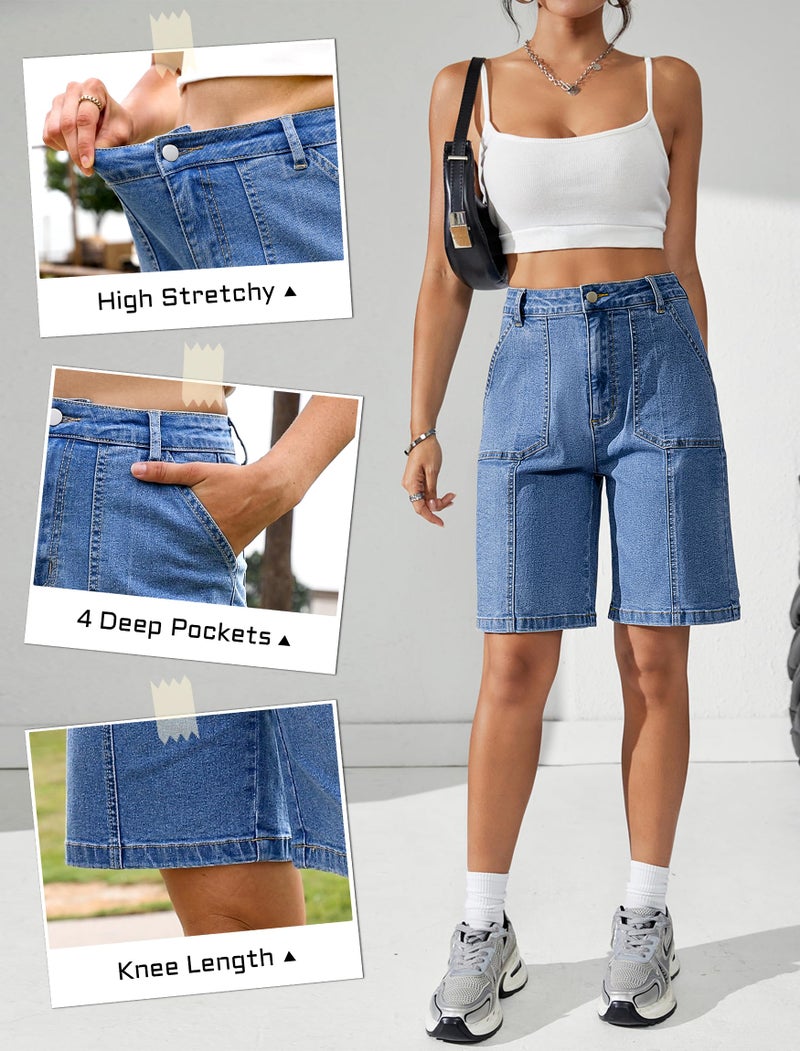Eddoyee Bermuda Shorts for Women Long Knee Length Jean Shorts Denim Stretchy Cotton Jorts with Pockets Casual Relaxed Fit(Blue Denim, Large) - Image 4