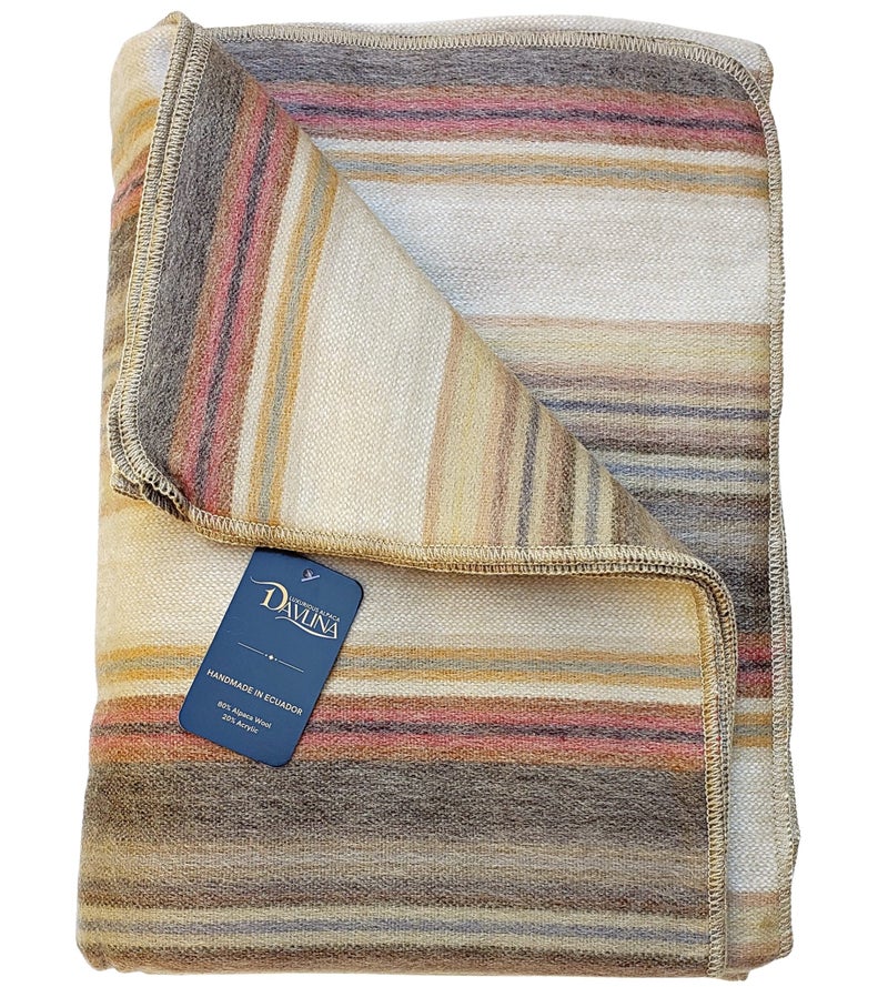 DAVLINA, Alpaca Wool Throw Blanket | Super Soft, Lightweight, Breathable and Hypoallergenic | Non-Itchy or Scratchy (Beige Brown Varicolored, Striped) - Image 1