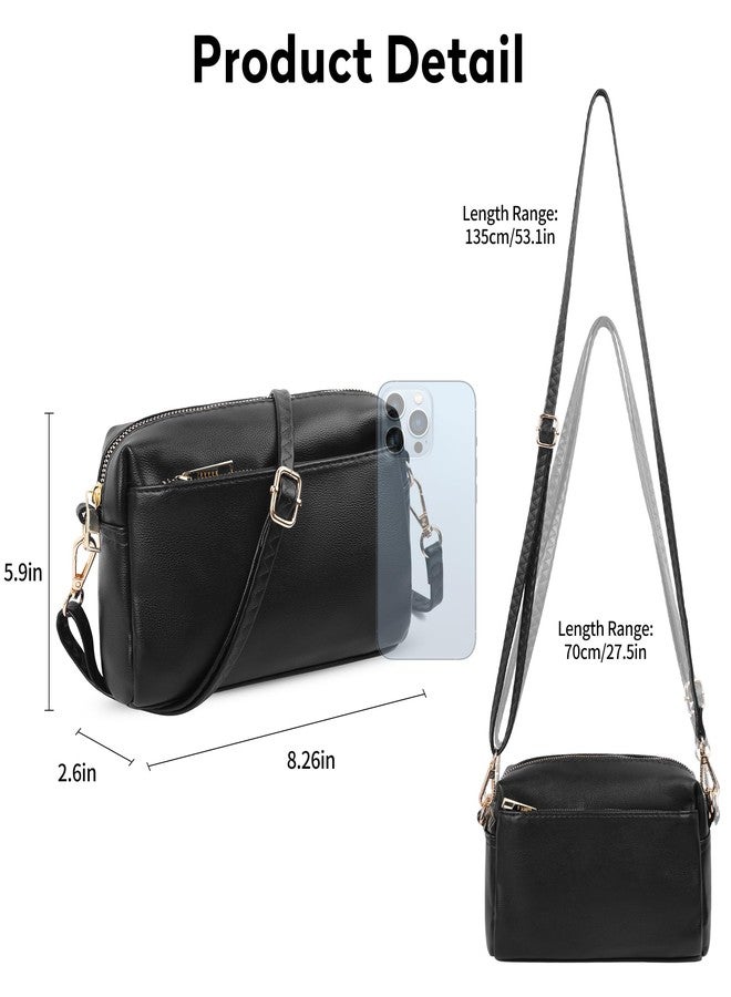 VOROLO Crossbody Bag Small Leather Triple Zip Crossbody Purse Shoulder Bag with Ajustable Strap for Women Matte Black - Image 2