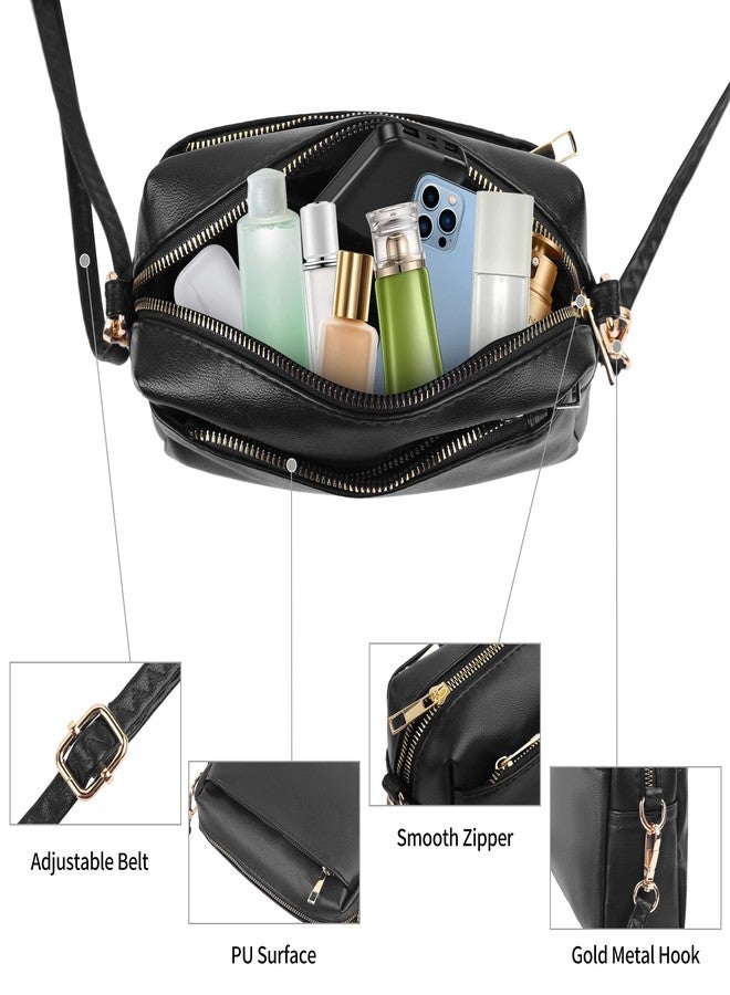 VOROLO Crossbody Bag Small Leather Triple Zip Crossbody Purse Shoulder Bag with Ajustable Strap for Women Matte Black - Image 3