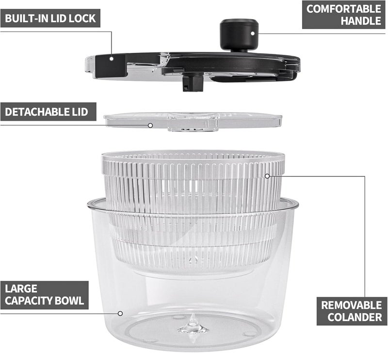 Cambom Salad Spinner Lettuce Spinner, Wash, Spin & Dry Salad Greens, Vegetable Washer Salad Dryer With Rotary Handle for Fruits & Vegetables, High Efficiency Vegetable Spinner Kitchen Gadget 3Qt Black - Image 2