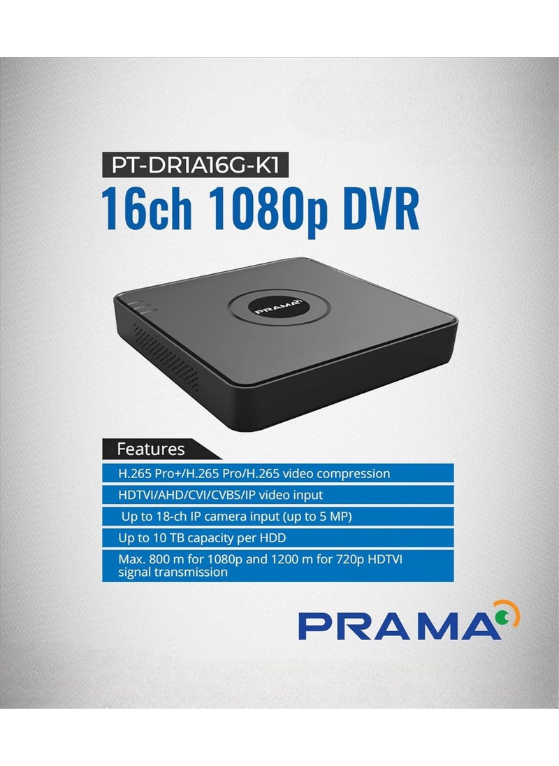 PRAMA PRAMA 16 Channel H265 2 MP DVR PTDR1A16GK1 for Upto 2MP CCTV Cameras with USEWELL HDMI Black  - Image 2