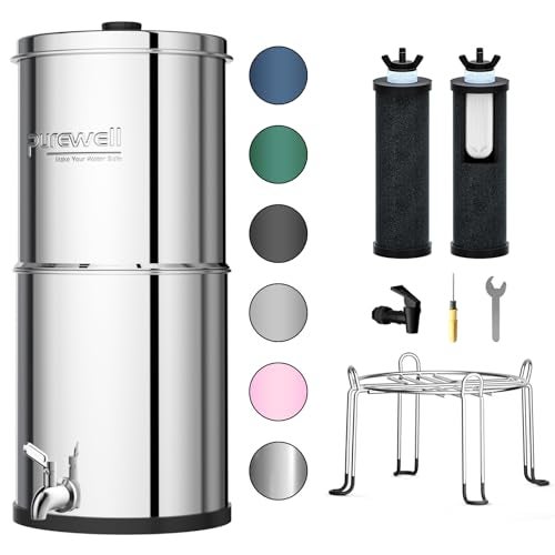 Purewell 3-Stage 0.01μm Ultra-Filtration Gravity Water Filter System, NSF/ANSI 42&372 Certification, 304 Stainless Steel Countertop System with 2 Filters and Stand, Reduce 99% Chlorine, 2.25G, PW-OB - Image 1