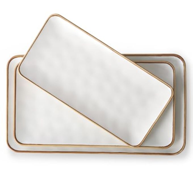 CULIVORA Ceramic Rectangle Serving Platter with Brown Rim: 15.6/14.1/12.6 Inch Large Serving Dishes for Entertaining Party, Sushi, Turkey, Cheese, Snack and Dessert, Microwave Dishwasher Safe