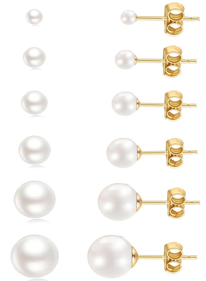 showself Pearl Small Gold Stud Earrings 14K Gold Plated Surgical Stainless Steel Round White Ball Stud Earrings Set for Women Men Hypoallergenic, Pack of 6 Pairs (3mm - 8mm) - Image 1