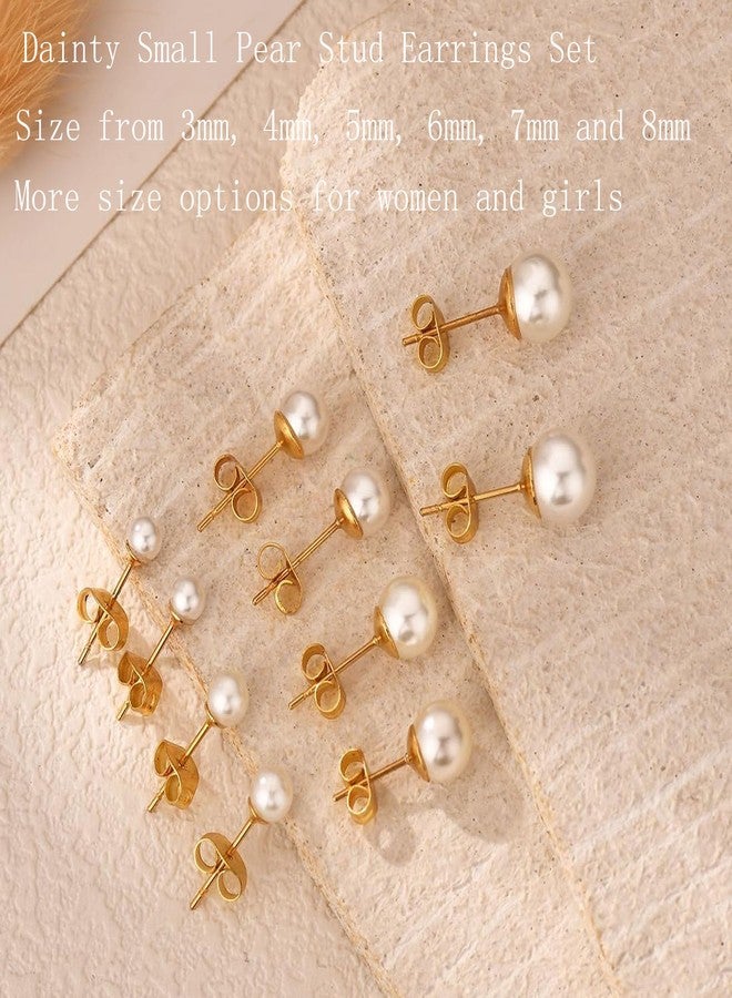 showself Pearl Small Gold Stud Earrings 14K Gold Plated Surgical Stainless Steel Round White Ball Stud Earrings Set for Women Men Hypoallergenic, Pack of 6 Pairs (3mm - 8mm) - Image 2