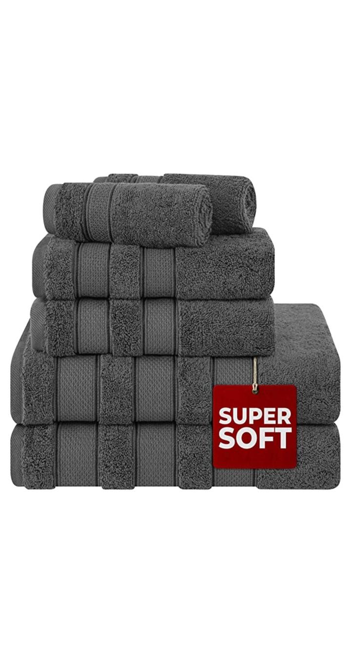 Safi Plus 6-Piece Towel Set 100% Turkish Genuine Cotton Super Soft & Absorbent Luxury Hotel Quality 600 GSM Cotton Bathroom Towels, 2 Bath Towels, 2 Hand Towels, 2 Washcloths, Grey - Image 1