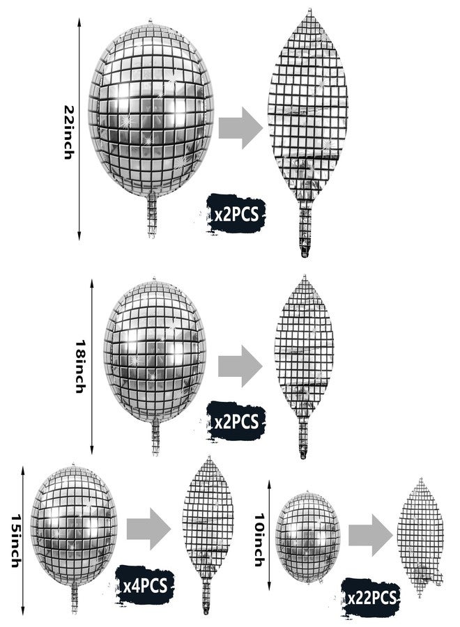 SPFYunion 30 بالون كرة ديسكو بأحجام مختلفة - بالونات ديسكو كبيرة رباعية الأبعاد بأحجام 10 و15 و18 و22 بوصة، بالونات ديسكو دائرية فضية معدنية متنوعة لتزيين حفلات الديسكو - Image 2