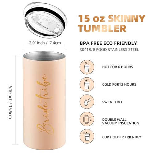 Ugiftcorner Bride Tribe Gifts Set of 6 Cups Bachelorette Party Favors Wedding Gifts for Bridesmaid Bride Stainless Steel Skinny Tumbler with Lid and Straw 15 OZ Pink - Image 3