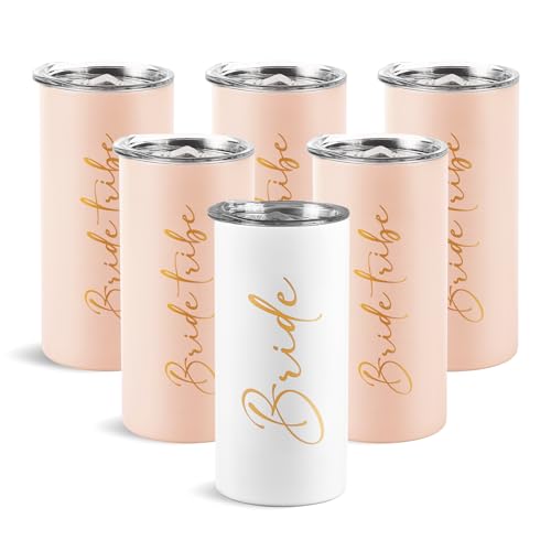 Ugiftcorner Bride Tribe Gifts Set of 6 Cups Bachelorette Party Favors Wedding Gifts for Bridesmaid Bride Stainless Steel Skinny Tumbler with Lid and Straw 15 OZ Pink - Image 1