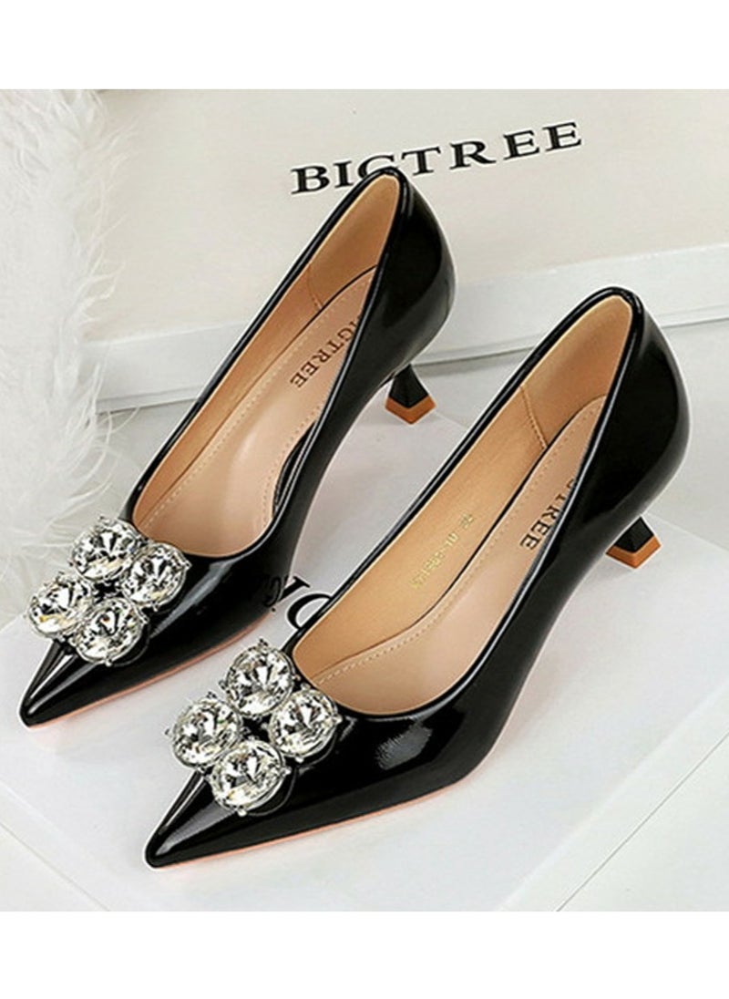 BIGTREE Women's Closed Pointed Toe Stiletto Pump Rhinestone Decoration Mid Heels Black 5.5 CM  - Image 1
