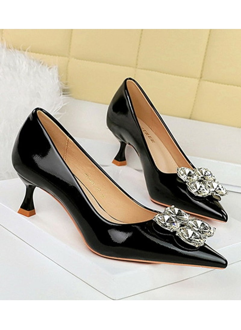BIGTREE Women's Closed Pointed Toe Stiletto Pump Rhinestone Decoration Mid Heels Black 5.5 CM  - Image 2