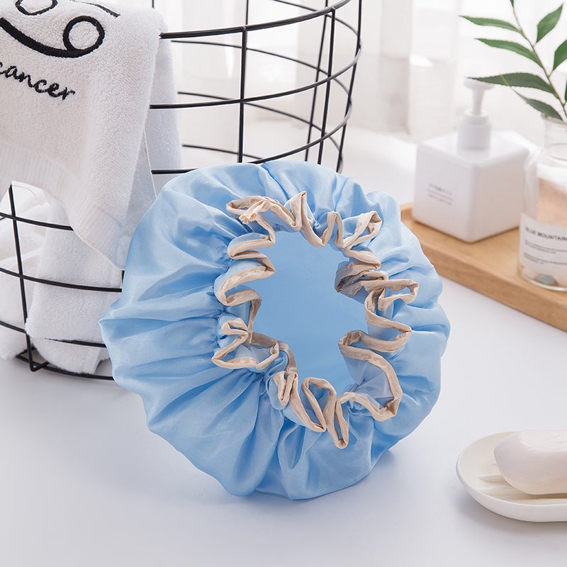 Household double-layer waterproof shower cap PEVA thickened womens oil-proof shampoo bath cap Blue 