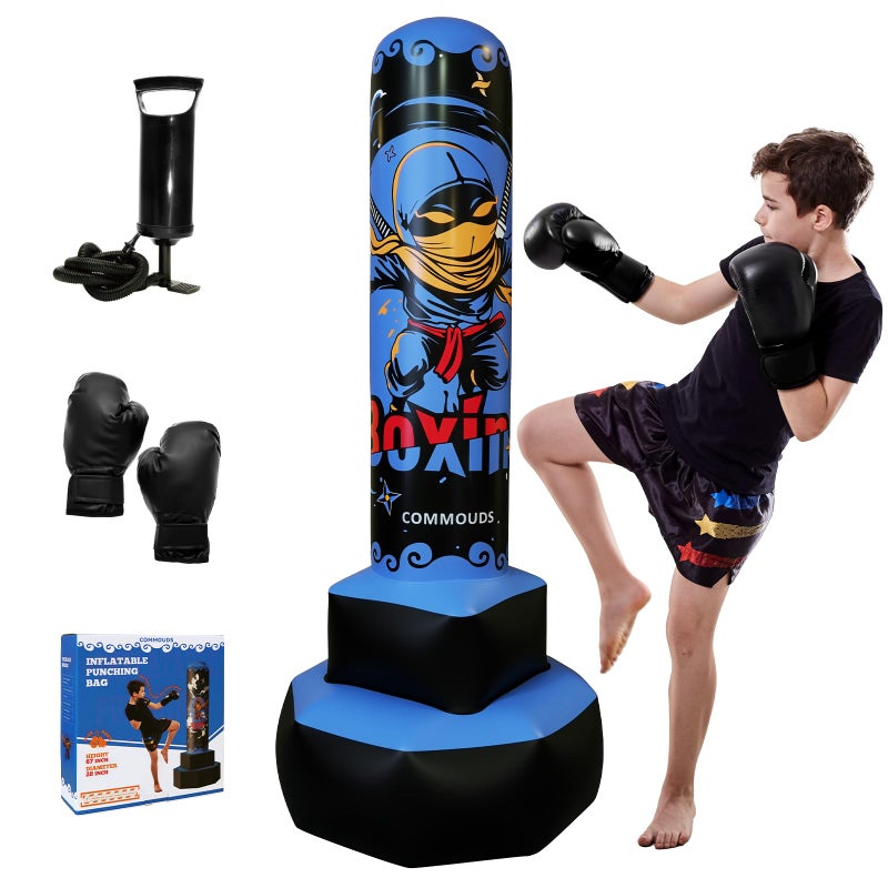 COMMOUDS 67inch Punching Bag for Kids Inflatable Kids Boxing Set with Gloves Fast Rebound Punching Bag for Practicing Karate Taekwondo MMA ChristmasBirthday Gift for Boys Girls Ages 614 Blue - Image 2