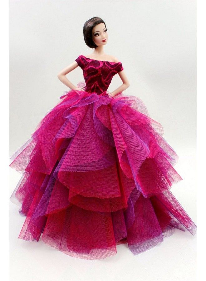Cora Gu [Handmade Dress Fit For 12" Doll] Cora Gu Classic Off Shoulder Fuchsia Rose Lace Dress/Wedding Gowns Fit For 12" Fashion Doll [Doll'S Not Included] - Image 3