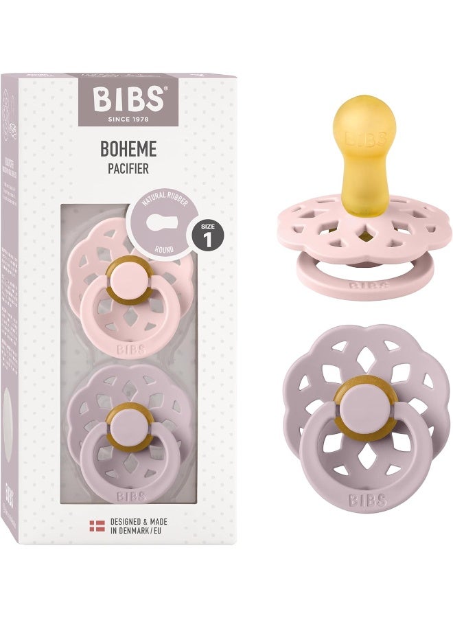 Bibs Boheme Natural Rubber Latex Round Pacifier Size 1-0-6M 2-Pack - Blossom/DuskyLilac - Image 1