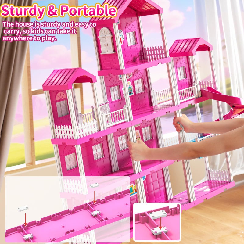 JUKUDAHU Pink Villa Playset for Girls Ages 3-7, 4-Story 10-Room House with 2 Dolls, Furniture & Accessories, Pretend Play Toddler Toy, Birthday Gifts for Kids 3-8 - Image 3