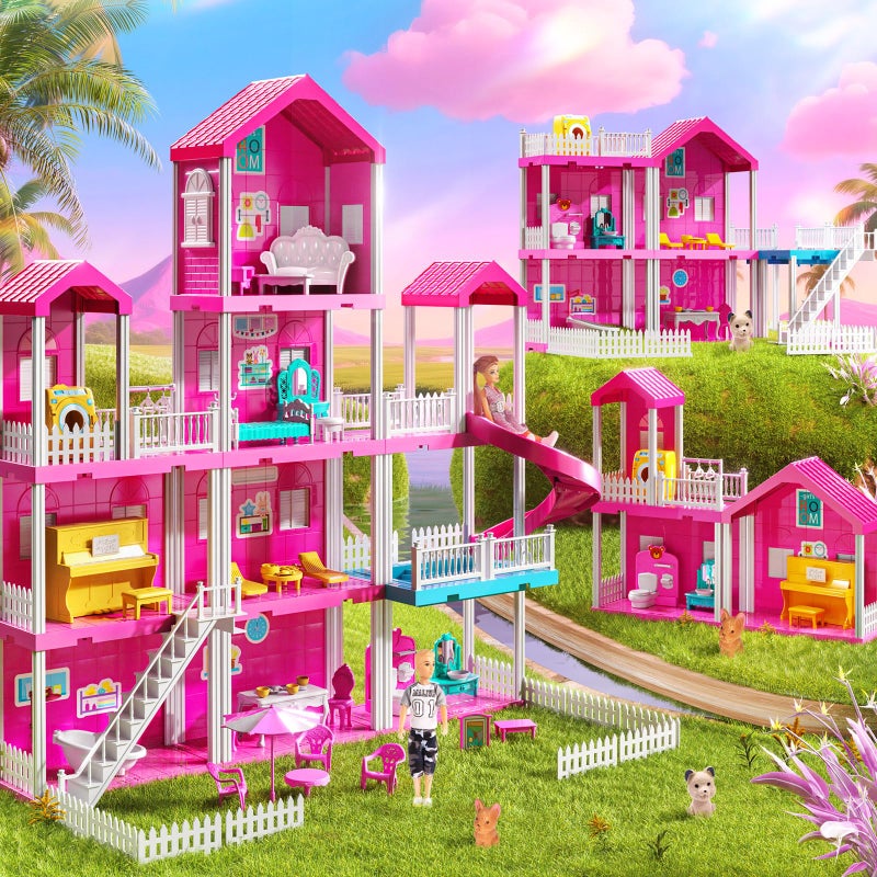 JUKUDAHU Pink Villa Playset for Girls Ages 3-7, 4-Story 10-Room House with 2 Dolls, Furniture & Accessories, Pretend Play Toddler Toy, Birthday Gifts for Kids 3-8 - Image 2