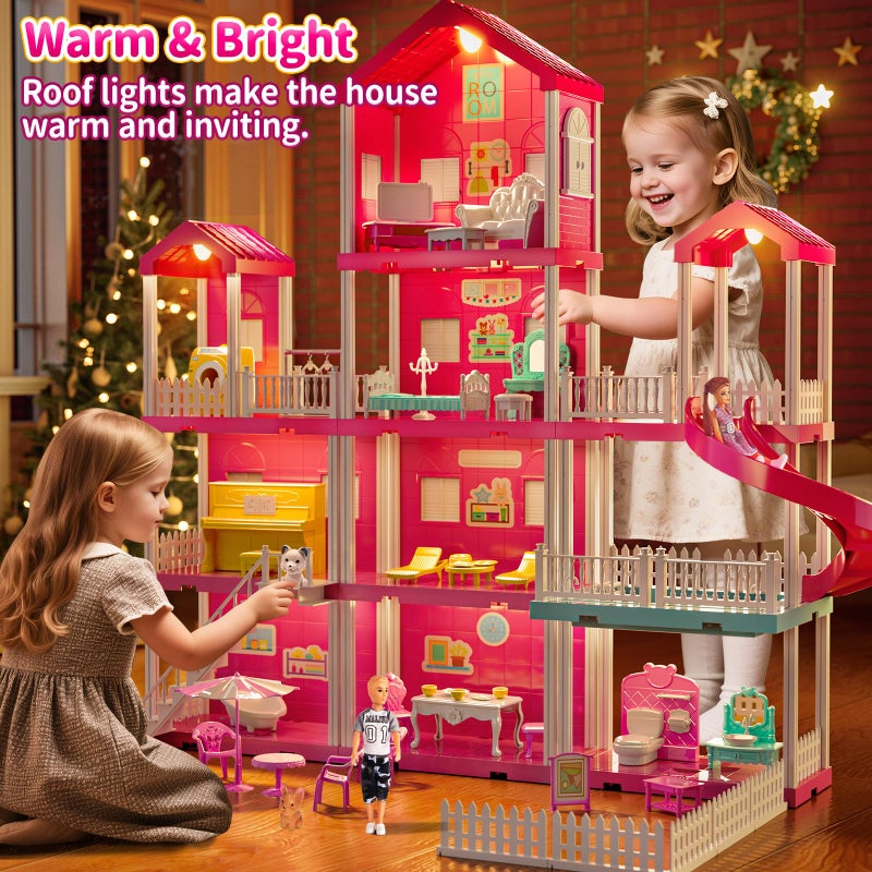 JUKUDAHU Pink Villa Playset for Girls Ages 3-7, 4-Story 10-Room House with 2 Dolls, Furniture & Accessories, Pretend Play Toddler Toy, Birthday Gifts for Kids 3-8 - Image 4