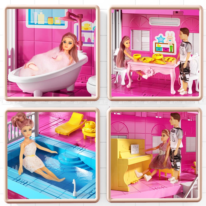 JUKUDAHU Pink Villa Playset for Girls Ages 3-7, 4-Story 10-Room House with 2 Dolls, Furniture & Accessories, Pretend Play Toddler Toy, Birthday Gifts for Kids 3-8 - Image 5