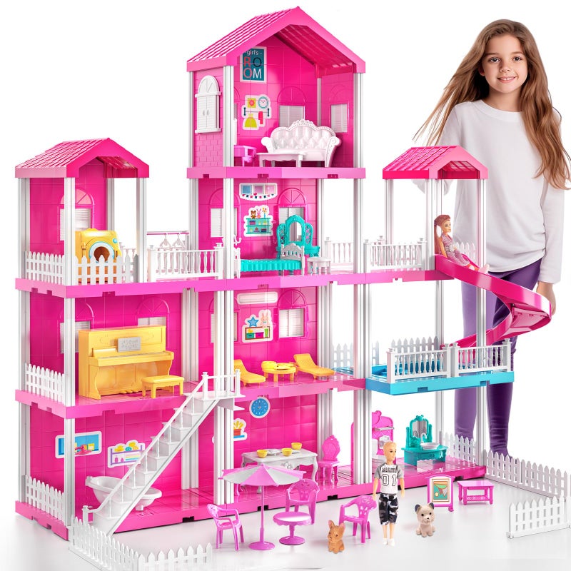 JUKUDAHU Pink Villa Playset for Girls Ages 3-7, 4-Story 10-Room House with 2 Dolls, Furniture & Accessories, Pretend Play Toddler Toy, Birthday Gifts for Kids 3-8 - Image 1