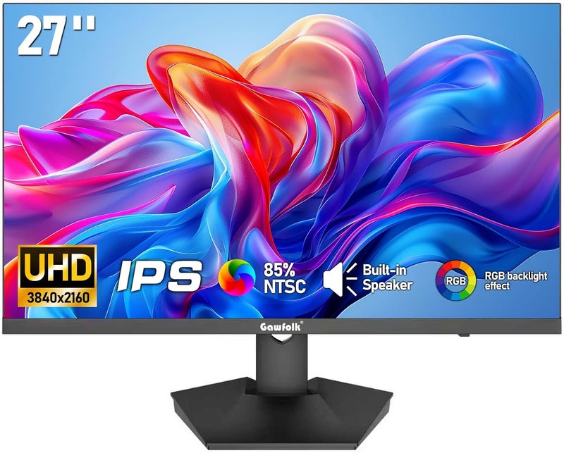 Gawfolk شاشة 27 بوصة IPS 4K 60Hz UHD (3840x2160P) 300cd/m² 85% NTSC إضاءة خلفية RGB مكبر صوت مدمج مناسبة للترفيه والعمل المكتبي وإنتاج الفيديو والصور - Image 1