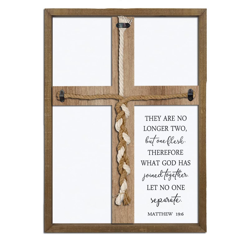 Surfapans Matthew 19:6 What God Has Joined Sign 15"X10" Cord of Three Strands Braid for Wedding Ceremony Cross Ideas Wood Frame Christian Marriage Gifts Decor for Couple Anniversary Religious (Wood) - Image 1