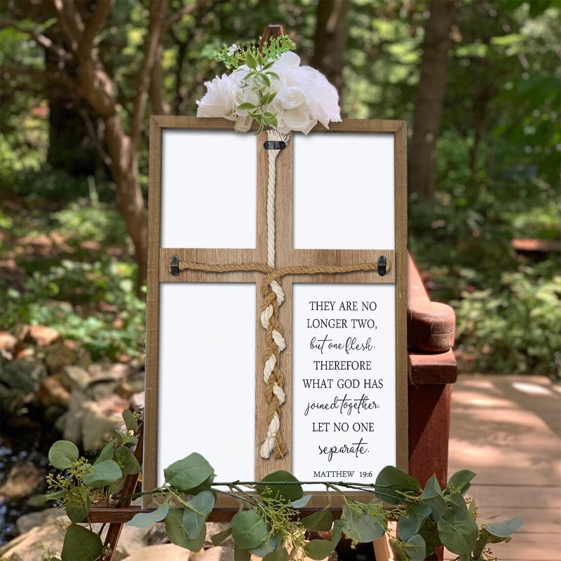 Surfapans Matthew 19:6 What God Has Joined Sign 15"X10" Cord of Three Strands Braid for Wedding Ceremony Cross Ideas Wood Frame Christian Marriage Gifts Decor for Couple Anniversary Religious (Wood) - Image 3