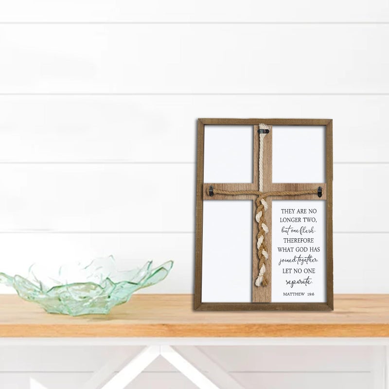 Surfapans Matthew 19:6 What God Has Joined Sign 15"X10" Cord of Three Strands Braid for Wedding Ceremony Cross Ideas Wood Frame Christian Marriage Gifts Decor for Couple Anniversary Religious (Wood) - Image 4