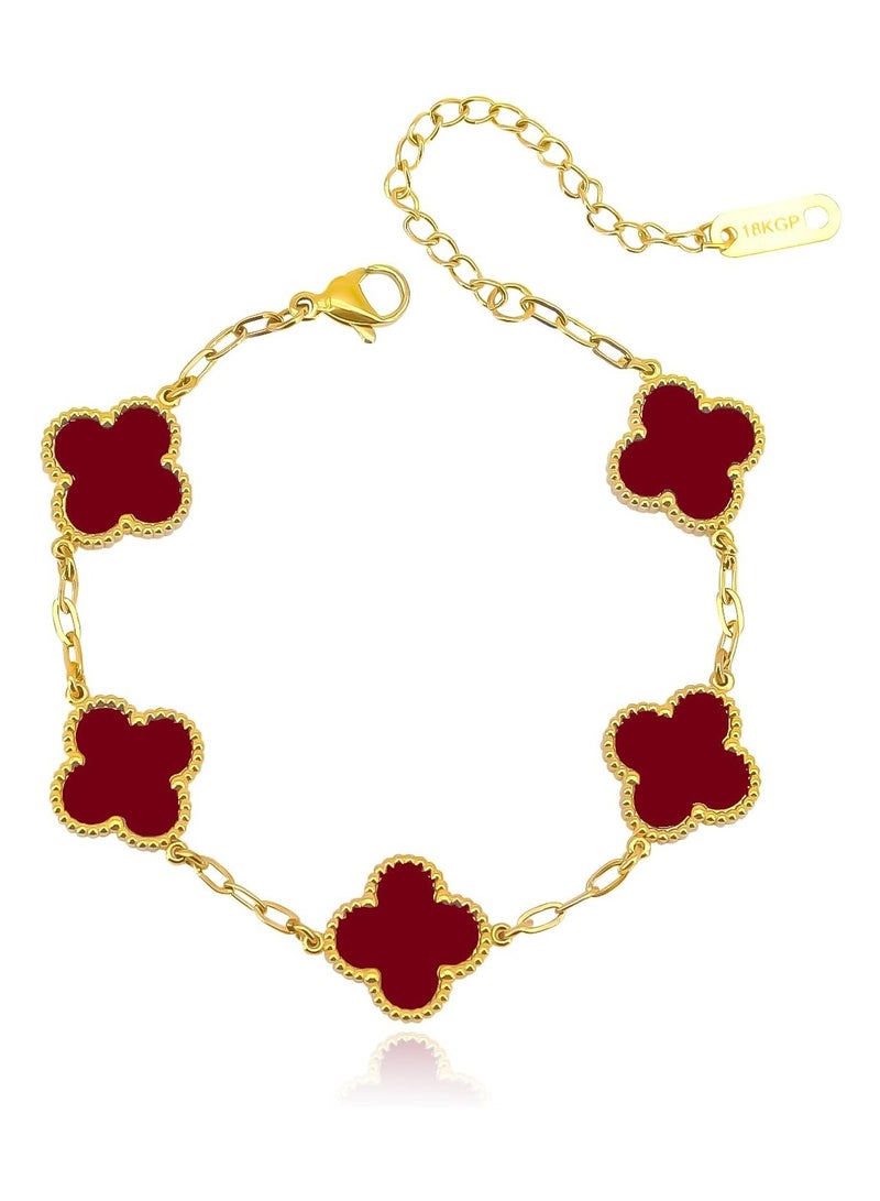 جوليا ستور سوار من الفولاذ المقاوم للصدأ مطلي بالذهب عيار 18 قيراطًا على شكل زهرة البرسيم ذات الأربع أوراق للنساء - أحمر - Image 1