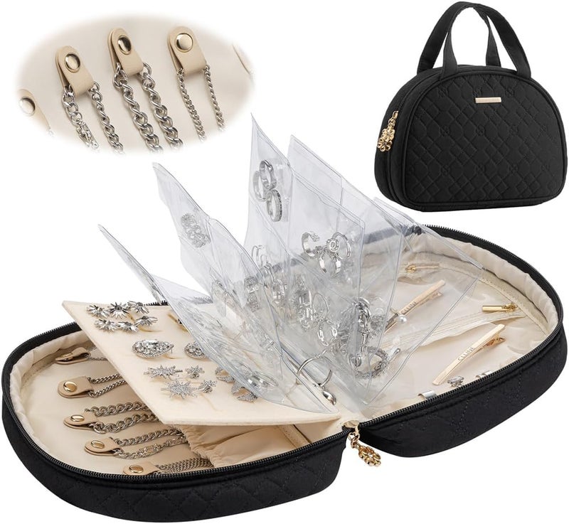 Luckam Jewelry Travel Organizer Case, Ring Binder Design with Clear Booklet & Zipper Pouch, Jewelry Storage for Necklaces, Earrings, Rings, Bracelets, Black, Gift for Women - Image 1