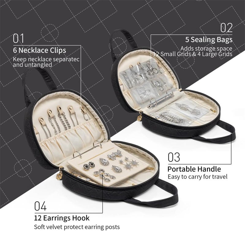 Luckam Jewelry Travel Organizer Case, Ring Binder Design with Clear Booklet & Zipper Pouch, Jewelry Storage for Necklaces, Earrings, Rings, Bracelets, Black, Gift for Women - Image 4
