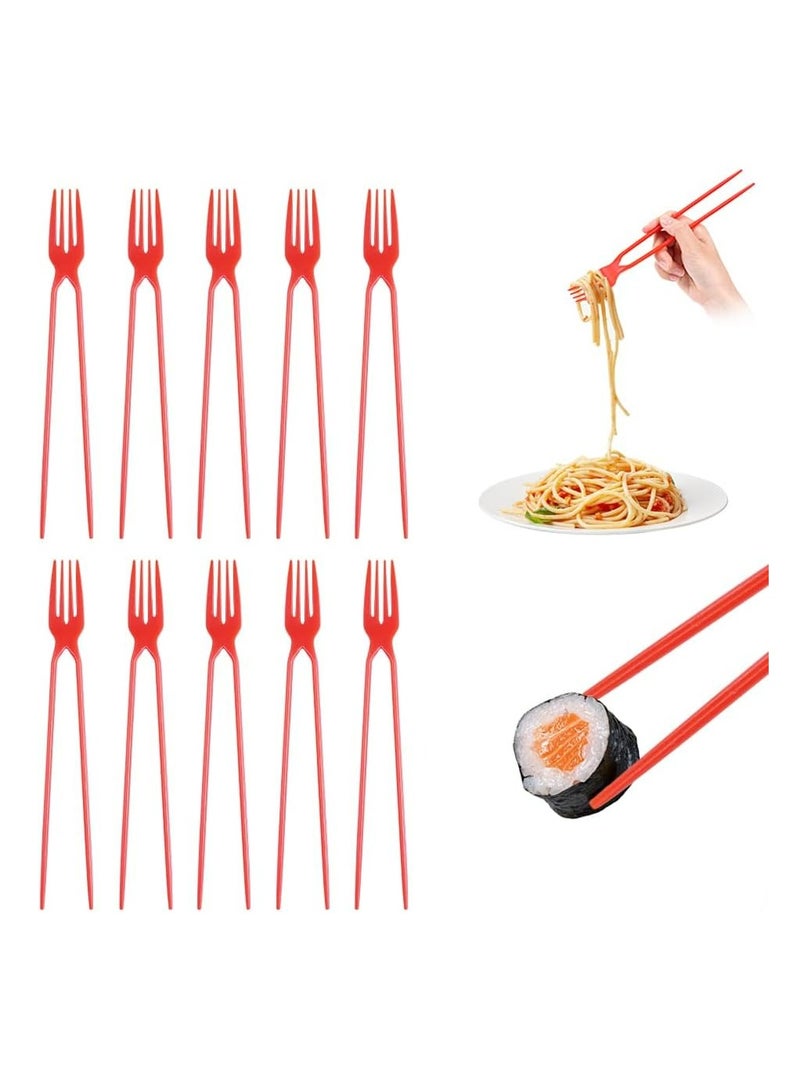 10PCS New Disposable Home Chopsticks Fork, Portable Black and Red Disposable Plastic Chopsticks Fork 2-in-1 Multifunctional Tableware Suitable for Camping Outdoor Party (Red)  - Image 1