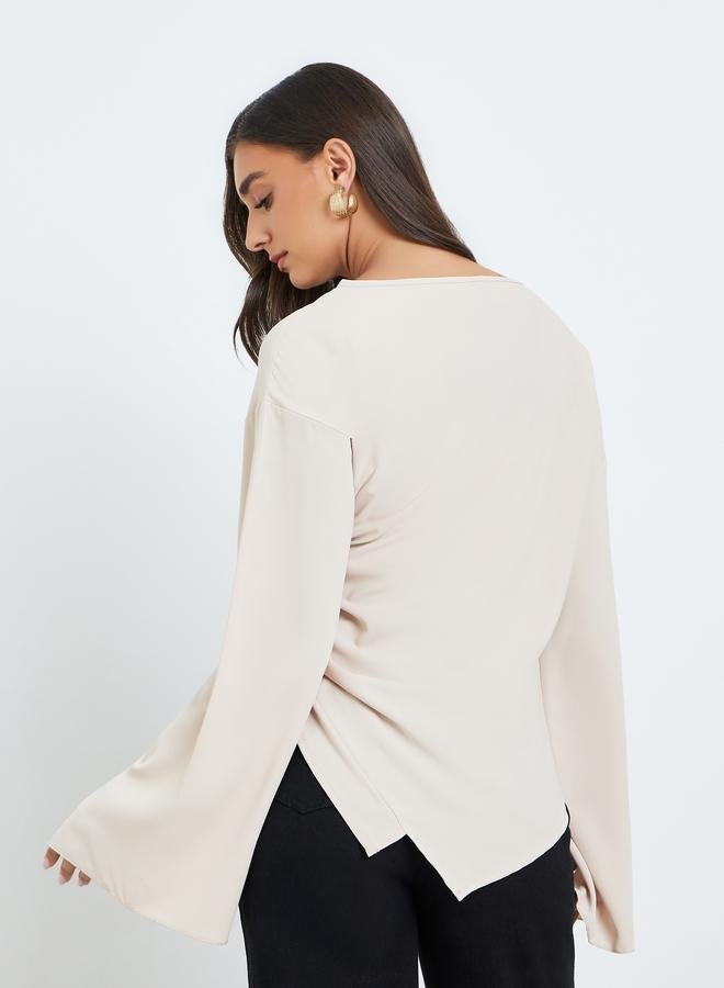 Styli Women Beige Asymmetric Hem Flared Sleeve Blouse - Image 3