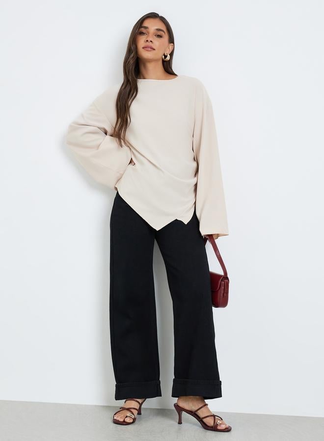 Styli Women Beige Asymmetric Hem Flared Sleeve Blouse - Image 4