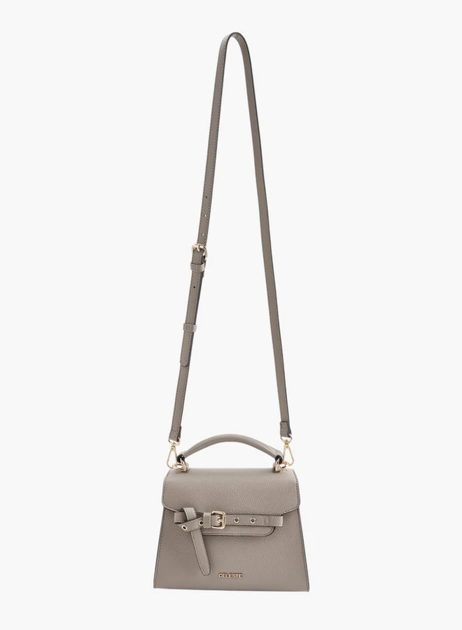 Celeste Women Textured Satchel Bag with Buckle Accent and Snap Button Closure