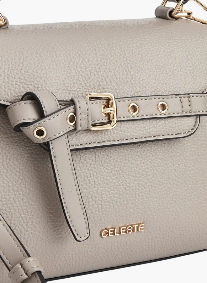 Celeste Women Textured Satchel Bag with Buckle Accent and Snap Button Closure