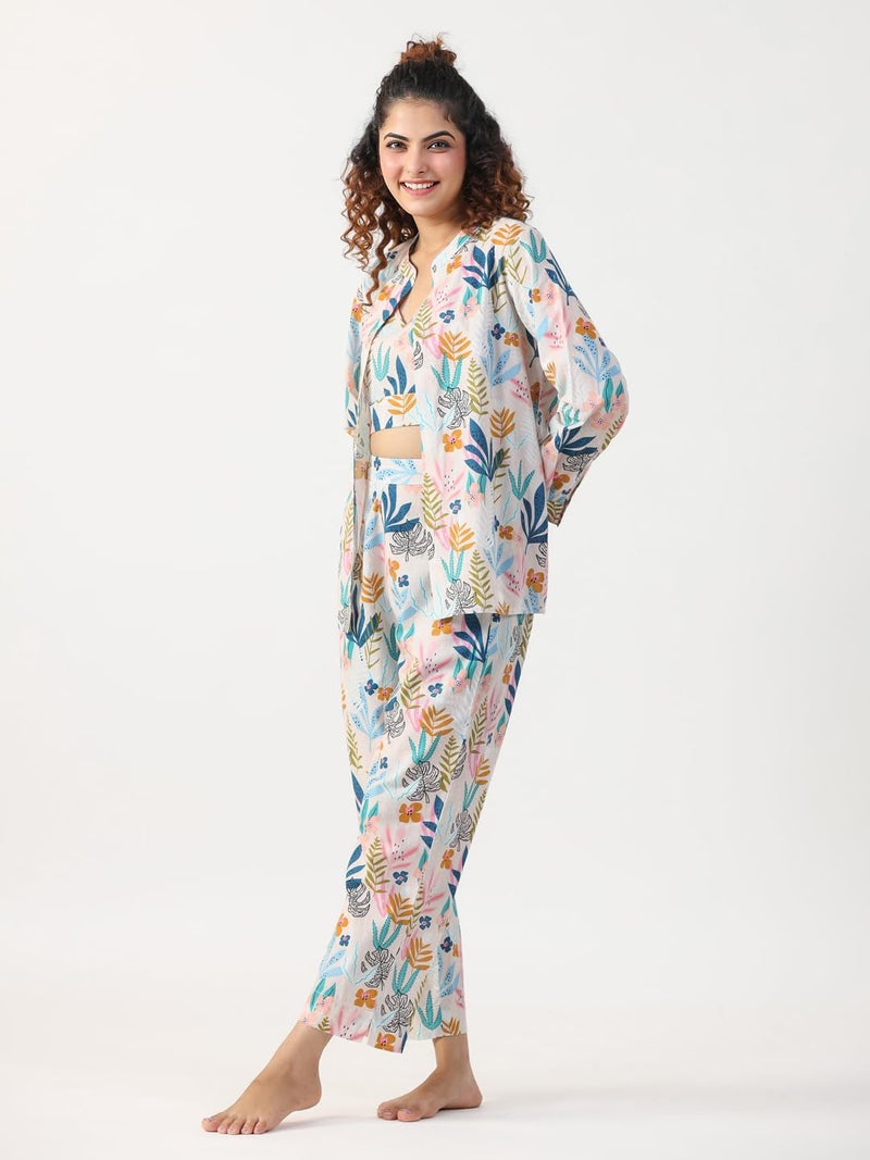 SAY Women's Cotton Night Suit Set Cami with Shirt and Pyjama Lounge Wear Night Dress Multicolour - Image 4