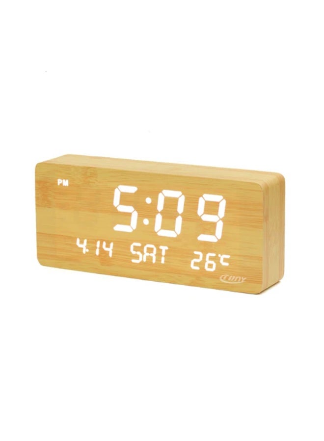 كروني ساعة منبه خشبية كروني 1501 بتقويم دائم LED وميزان حرارة وساعة منبه لأيام الأسبوع - Image 1