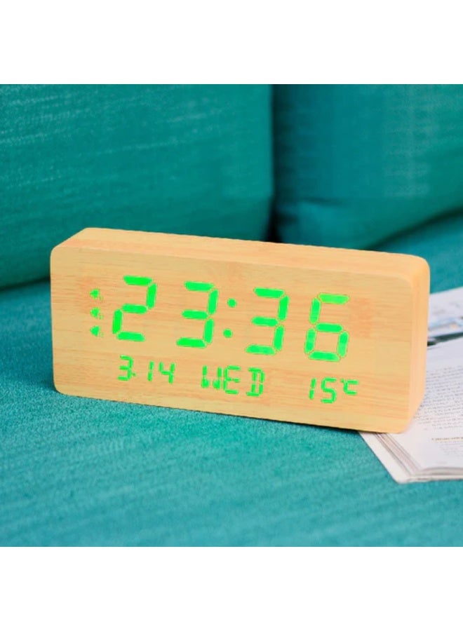 كروني ساعة منبه خشبية كروني 1501 بتقويم دائم LED وميزان حرارة وساعة منبه لأيام الأسبوع - Image 4