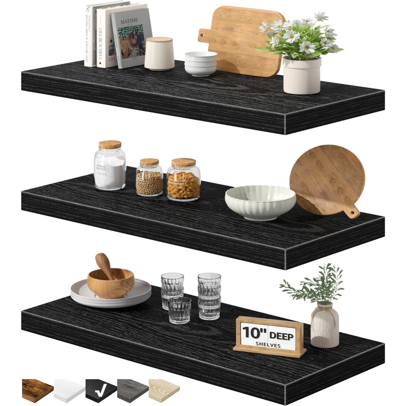 QEEIG 10" Deep Floating Shelves for Wall - 10 x 24 inch Book Shelf Bathroom Bedroom Kitchen Living Room Hanging Bookshelf Farmhouse Set of 3, Black (025-60B3) - Image 1