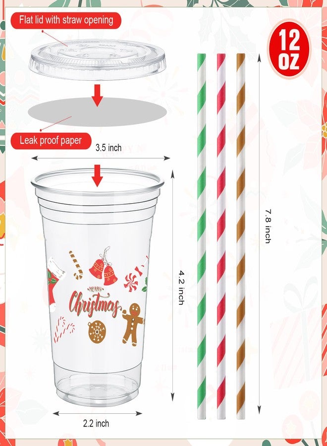 Vesici 50 Pcs Christmas Plastic Cups 12 oz Disposable Christmas Party Cups with Straws and Lids Retro Man Gingerbread Candy Cane Thick Clear Cup Bulk for Holiday Xmas Hot Cold Drinks Party Supplies - Image 3