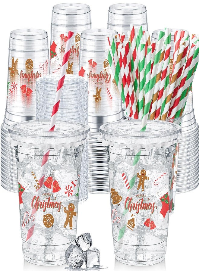 Vesici 50 Pcs Christmas Plastic Cups 12 oz Disposable Christmas Party Cups with Straws and Lids Retro Man Gingerbread Candy Cane Thick Clear Cup Bulk for Holiday Xmas Hot Cold Drinks Party Supplies - Image 1