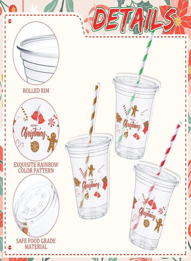 Vesici 50 Pcs Christmas Plastic Cups 12 oz Disposable Christmas Party Cups with Straws and Lids Retro Man Gingerbread Candy Cane Thick Clear Cup Bulk for Holiday Xmas Hot Cold Drinks Party Supplies - Image 2