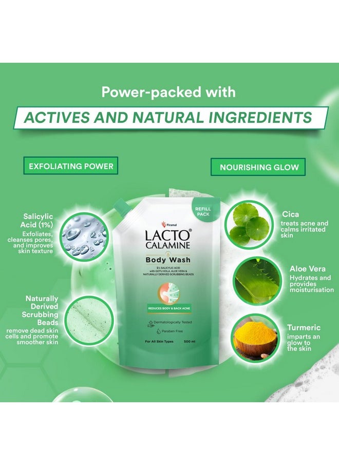 Lacto Calamine - Lacto Calamine 1% Salicylic Acid Body Wash Refill Pouch | 500ml - Pack of 2 | For Body Acne, Back Acne,Rough & Bumpy Skin | Cica, Aloe Vera,Turmeric & Natural Scrub Beads | Shower Gel For Men & Women - Image 1